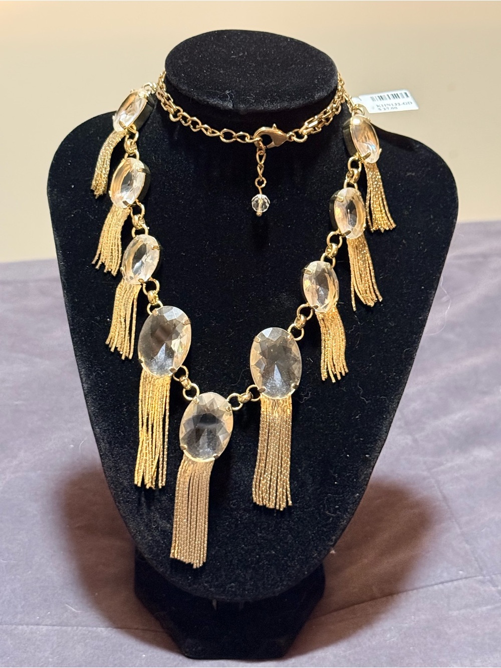 Gold-Tone Necklace with Clear Crystal Drops and Tassels